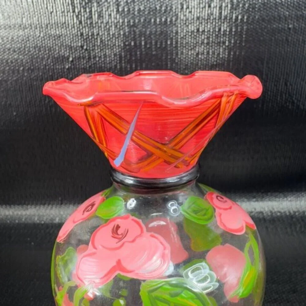 Vintage‎ Hand Painted Glass Vase Vessel Multicolored Red Rose Glass Decorative